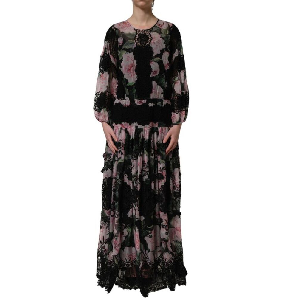 Dolce & Gabbana Black Floral Print Cotton Lace Maxi Women's Dress